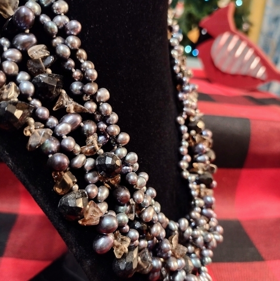 SALE! VINTAGE Multi-Strand Cascade Peacock Pearls & Smoky Quartz Necklace - Picture 3 of 11